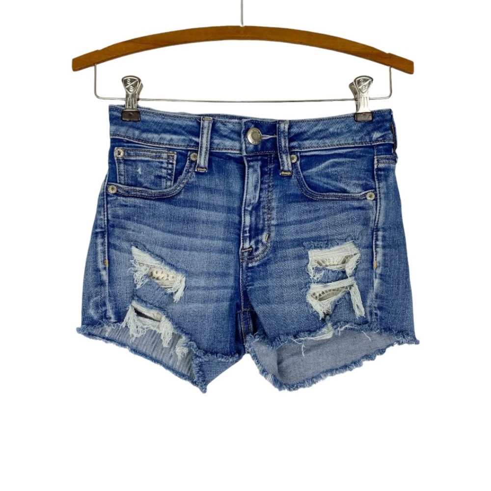 American Eagle Hi Rise Shortie Jean Shorts Raw Hem Lace Sz. 2